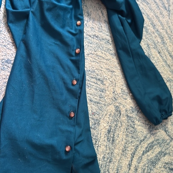 Vintage teal long sleeve elastic waist side button dress large - Picture 6 of 7